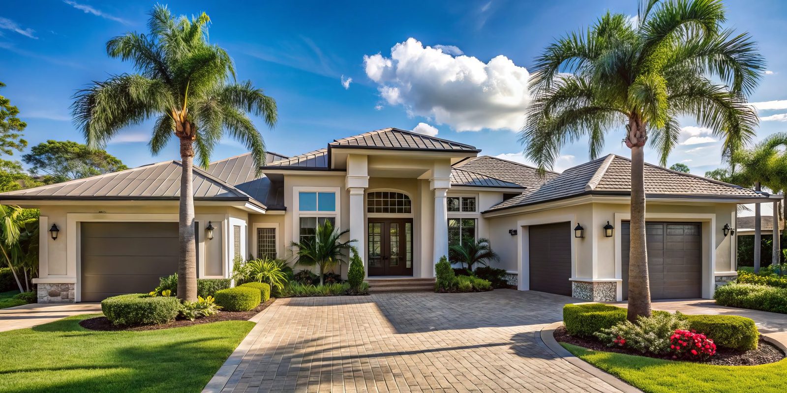 Luxury Southwest Florida estate home with palm-lined paver driveway