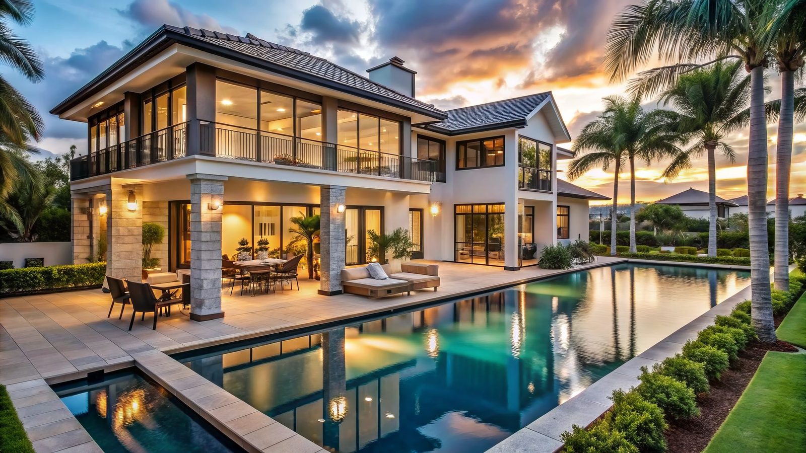 Southwest Florida luxury home with pool at dusk