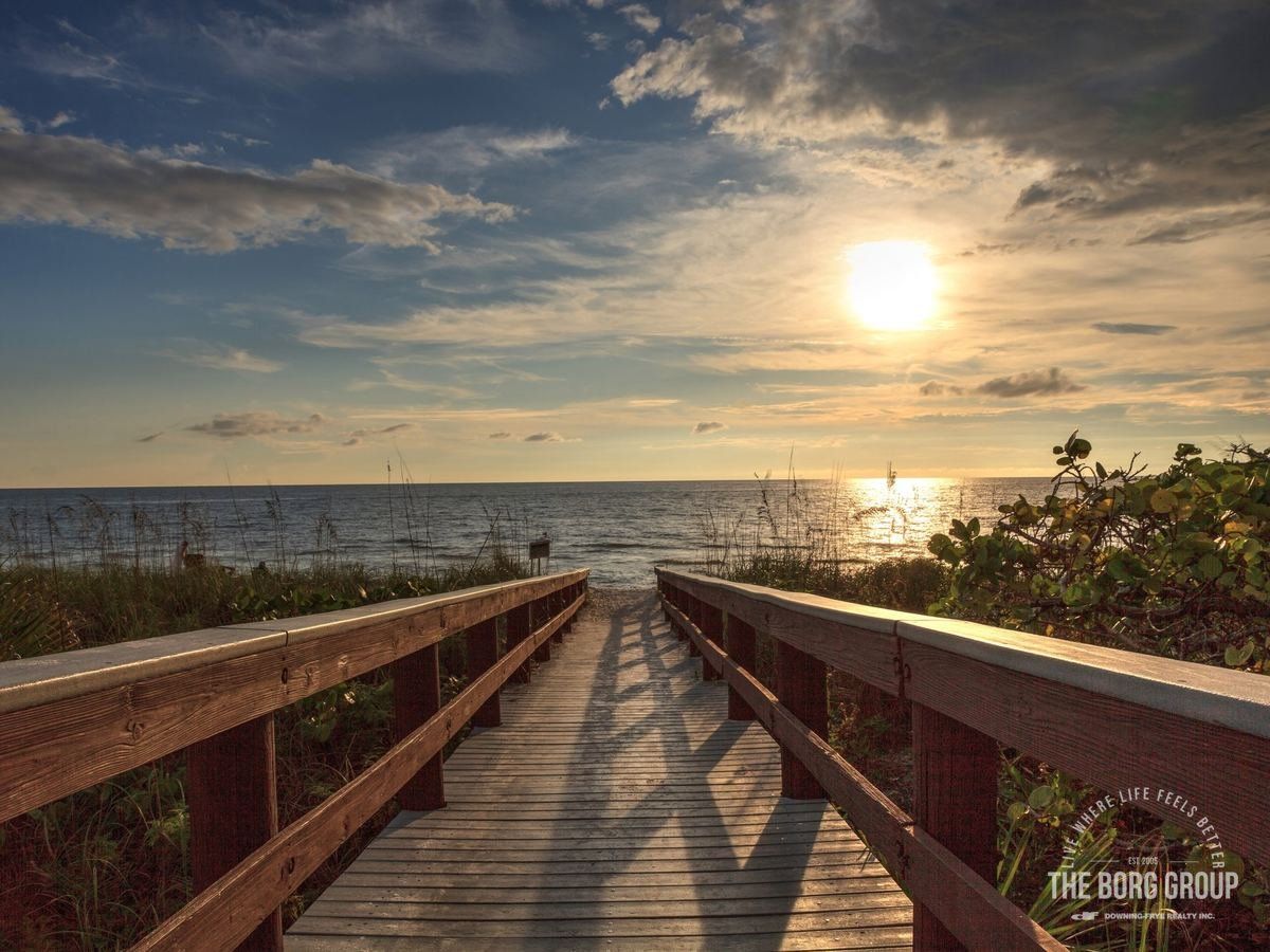 Boardwalk to the Gulf beach at sunset