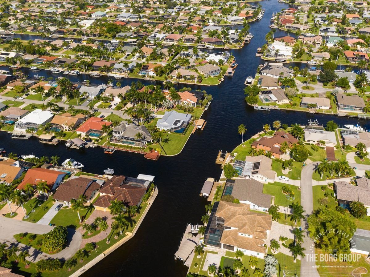 Aerial view of a Cape Coral canal neighborhood