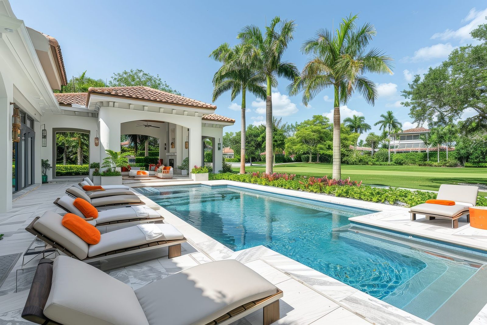 Resort-style pool with loungers and lawn in Southwest Florida